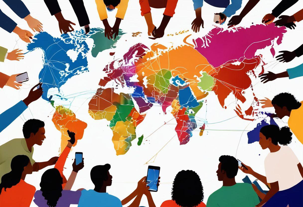 A vibrant illustration of diverse people from around the world engaging in various activities: sharing ideas over digital devices, collaborating on volunteer projects, and participating in cultural exchanges. The background features a world map with glowing connections symbolizing global engagement, unity, and development. Overall, the image conveys a sense of hope and collaboration across continents. super-realistic. vibrant colors. white background.