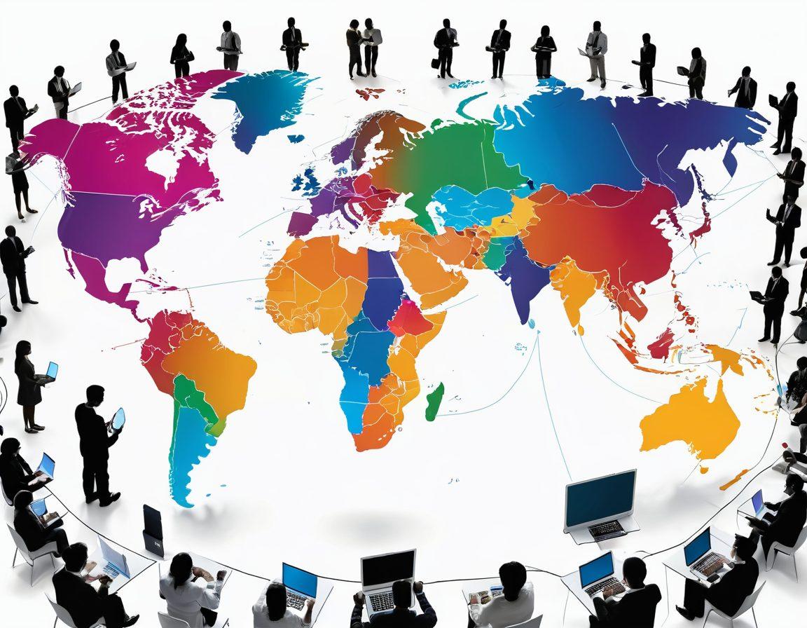 A world map with interconnected lines symbolizing global collaboration, featuring diverse figures of people from different cultures engaging in discussions and exchanging ideas over digital devices. Vibrant colors to illustrate unity and support, with symbols of technology like laptops and smartphones overlaying the map. super-realistic. vibrant colors. white background.