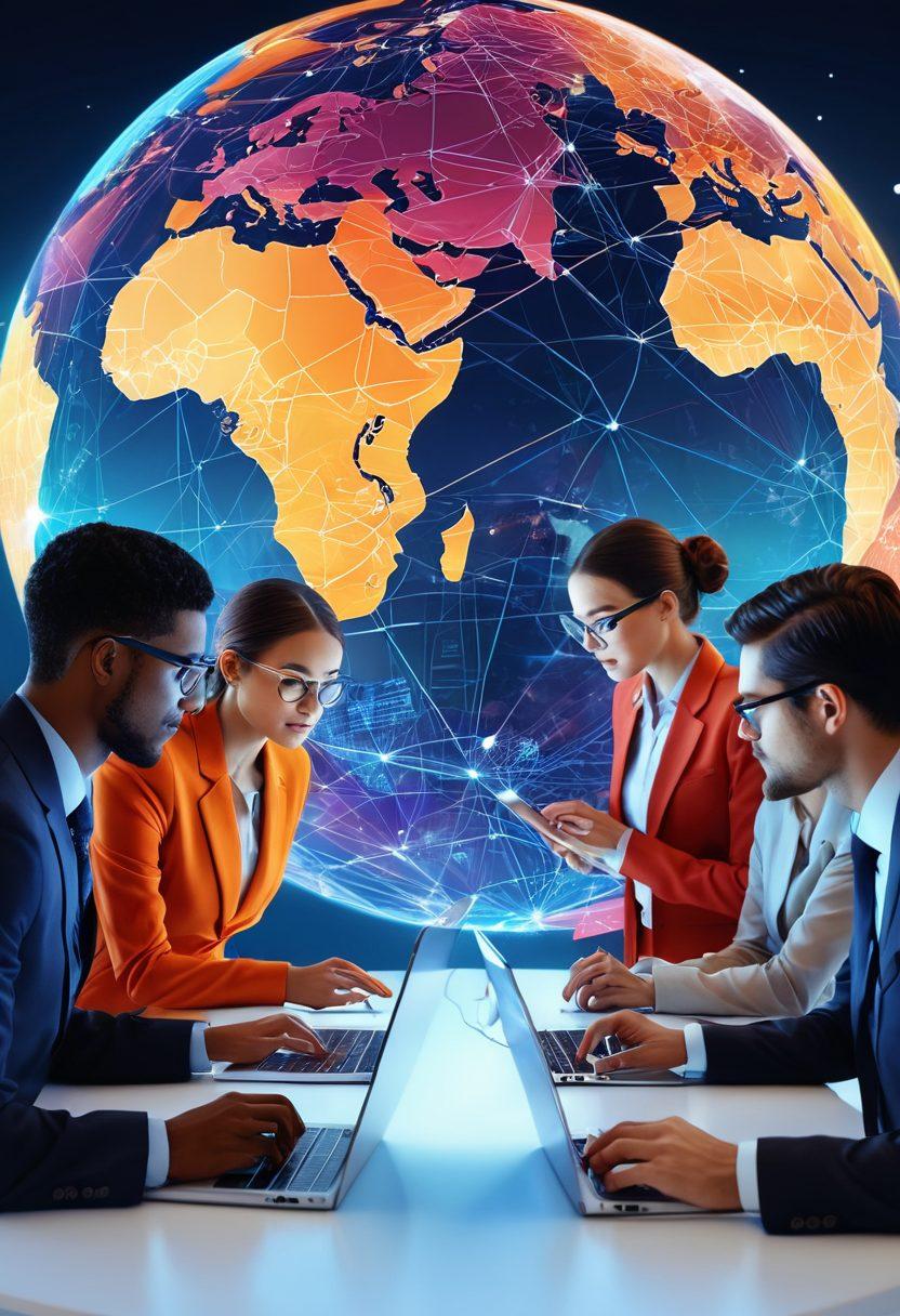 A diverse group of professionals from different cultures collaborating around a digital globe, with vibrant connections and networking lines illuminating their interactions. Showcase an array of tech elements such as laptops and holographic screens displaying global data. The background should convey a sense of unity and global impact with warm, inviting colors. super-realistic. vibrant colors. 3D.